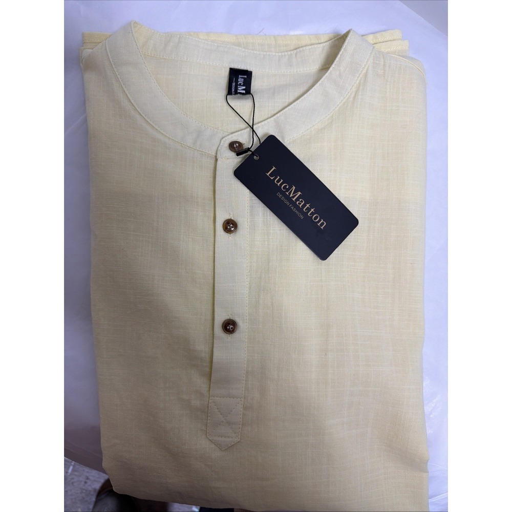 Luc Matton Shirt Linen Band Collar Short S  Men's Sz 3XL 1/4 Button Yellow NEW